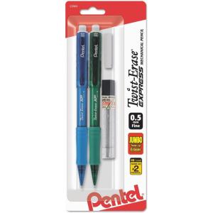 Pentel Twist-Erase Express Automatic Pencil with Lead and Eraser, 0.5mm, Assorted Barrels, 2 Pack (QE415LEBP2)