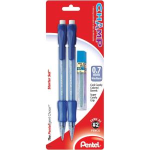 Pentel Champ Starter Set with Automatic Pencil and Lead, (0.7mm), Assorted Barrel Colors, Color May Vary, Pack of 2 (A27CBP)(Black)
