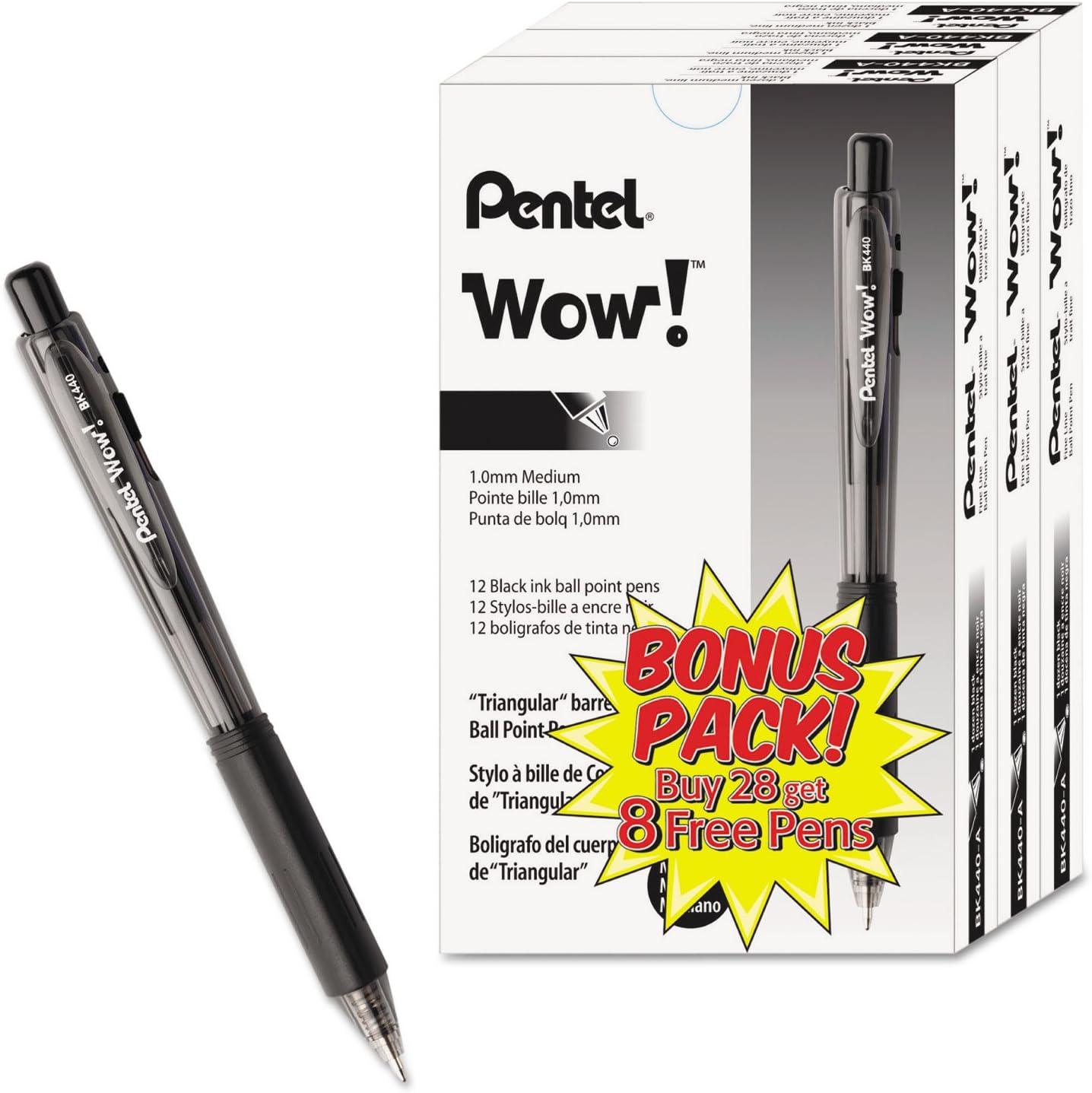 image:imagePentel Wow Ballpoint Pen Value Pack Retractable Medium 1 Mm Black Ink Black Barrel 36pack