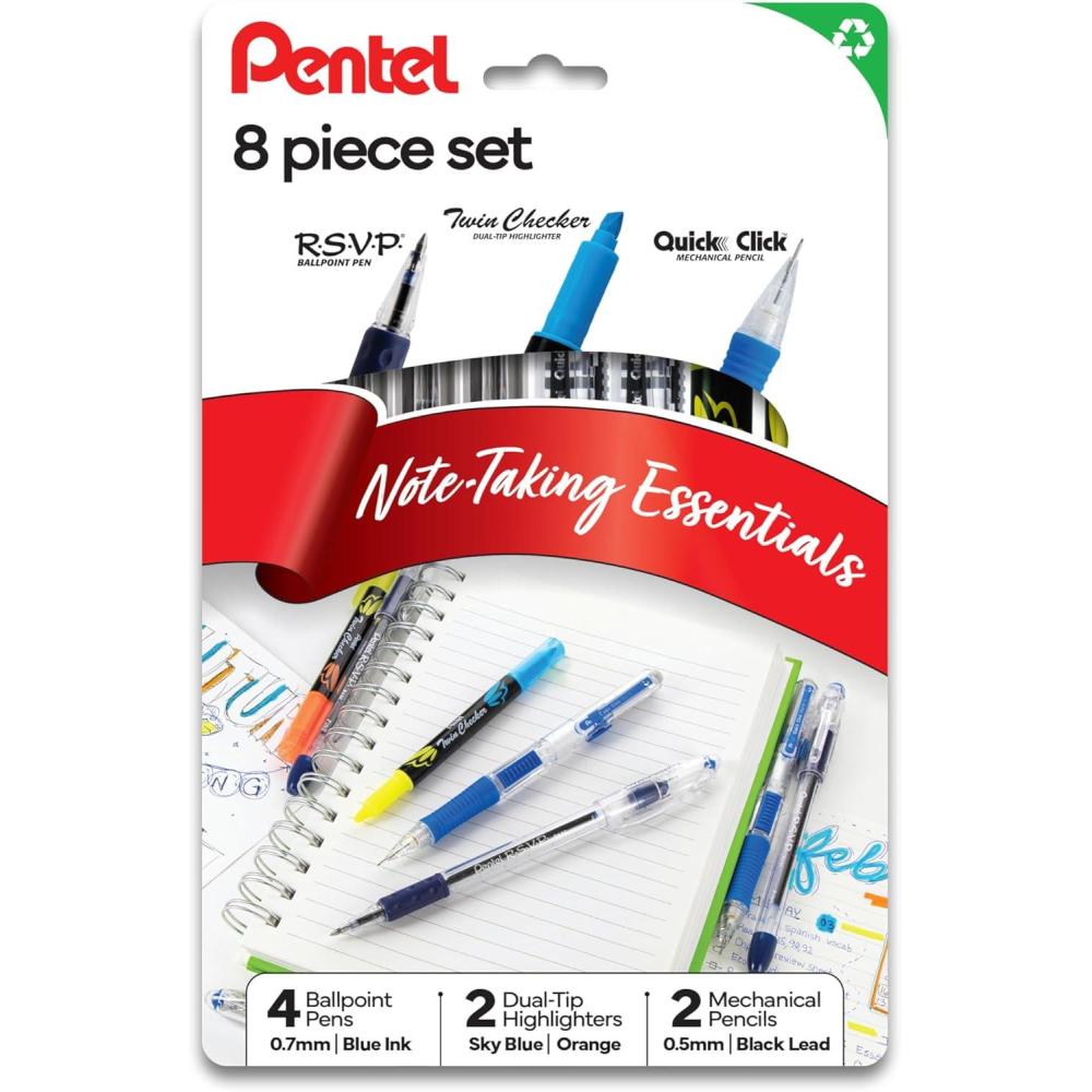 image:imagePentel Note Taking Essentials 8 pack 4 blue RSVP 07mm ballpoint pens 2 Twin Checker Highlighters 2 Quick Click 05mm Mechanical Pencils