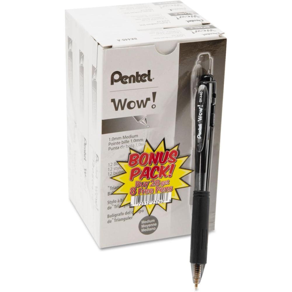 image:imagePentel Wow Ballpoint Pen Value Pack Retractable Medium 1 Mm Black Ink Black Barrel 36pack