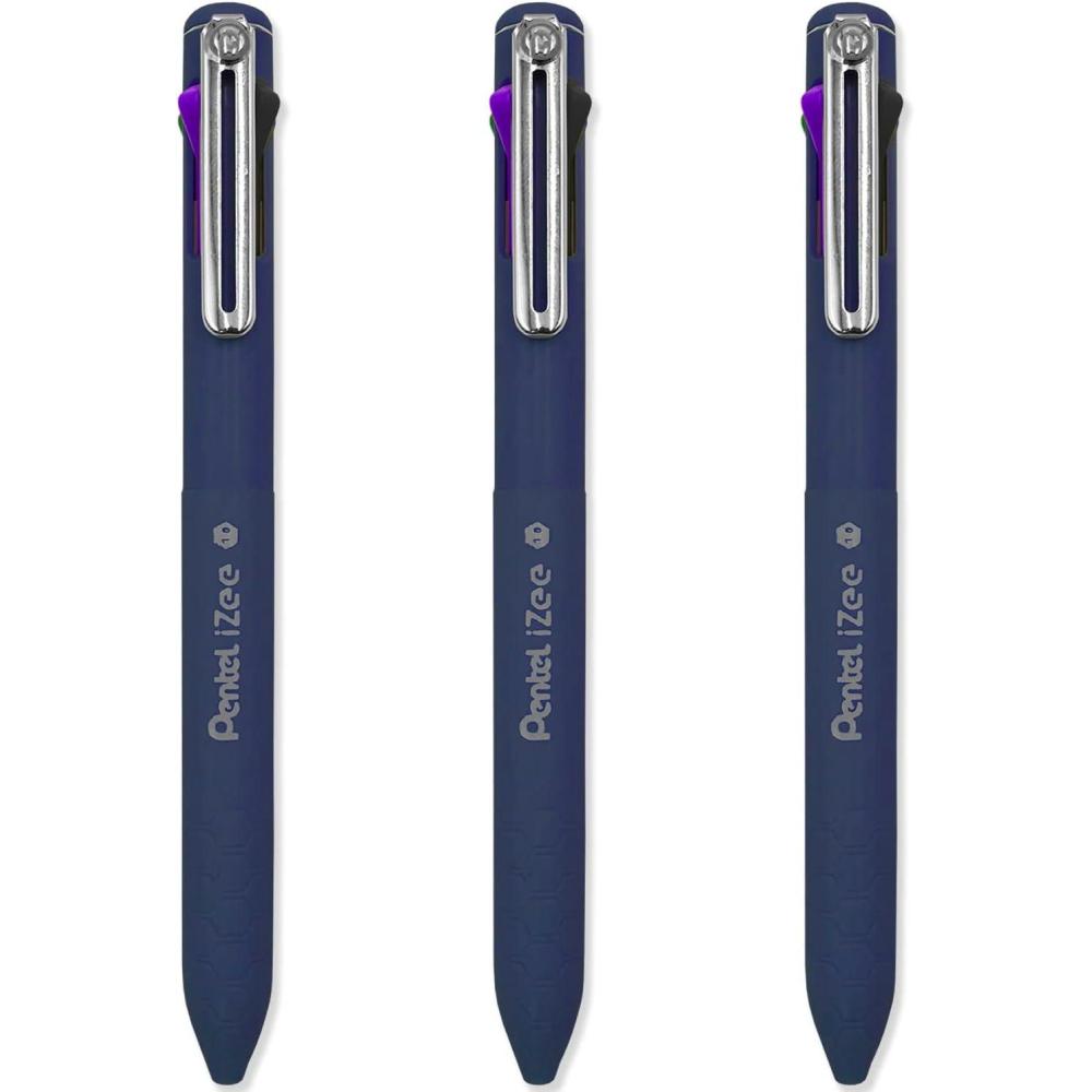 image:imagePentel iZee 4 Colour Ballpoint Pen Deep Violet Barrel Multi Ink Black Violet Blue amp Green Ink Pack of 3