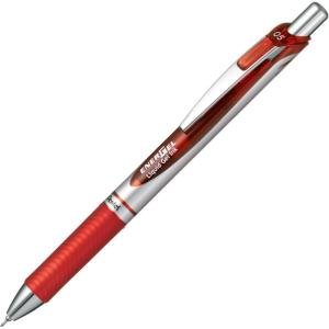 Pentel Energel Knock Ballpoint Pen, 0.5mm Needle Tip, Black Ink, Silver Body with Black Accent (BLN75Z-A)(Siver Body with Red Accent)