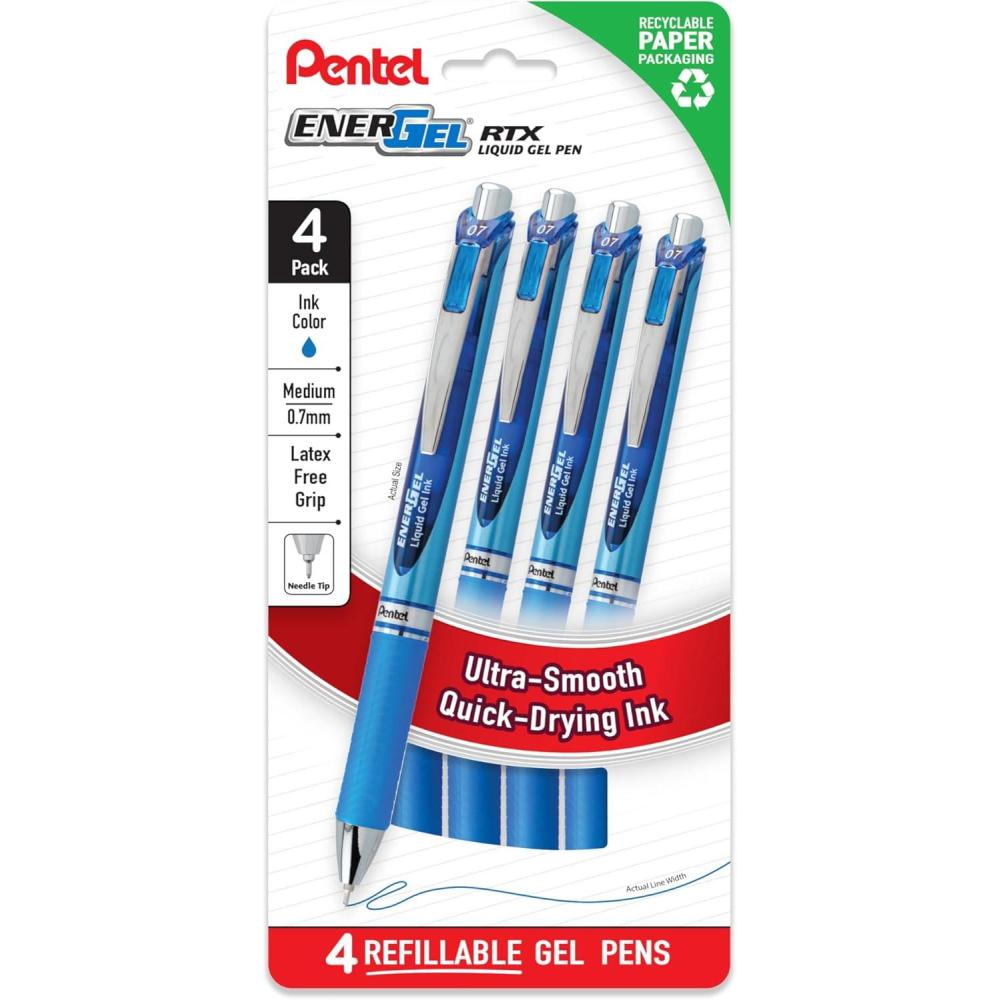 image:imagePentel EnerGel RTX Liquid Gel Pen Medium 07mm Black Ink 4pk BLN77PF4ABlue