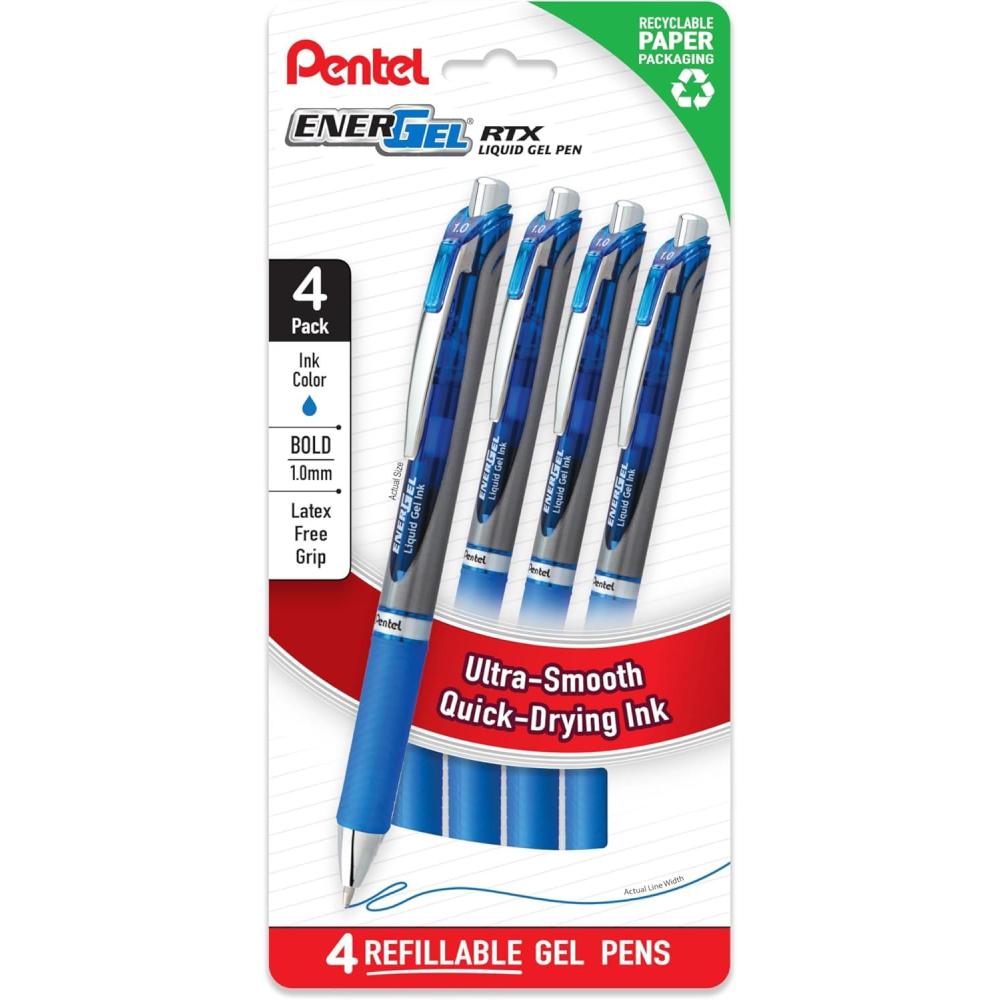 image:imagePentel EnerGel RTX Liquid Gel Pens Bold 10mm Blue Ink 4pk BL80PF4CBlue