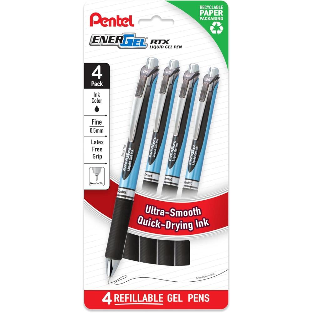 image:imagePentel EnerGel RTX Liquid Gel Pens Needle Tip Fine 05mm Black Ink 4pk BLN75PF4ABlack