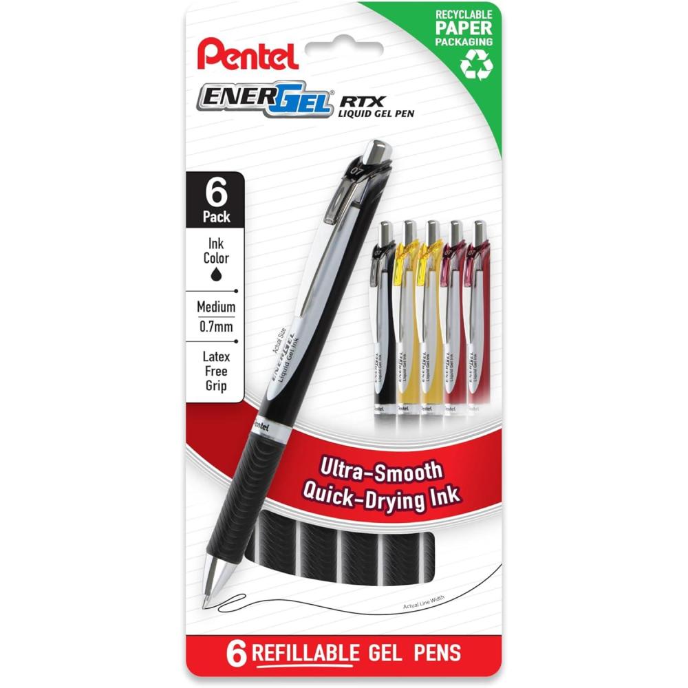 image:imagePentel EnerGel RTX Retractable Gel Pen 07mm Medium Point Black Ink Black Grip 6 count