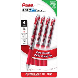 Pentel EnerGel RTX Liquid Gel Pens, Medium (0.7mm), Red Ink, 4-pk (BL77PF4B)