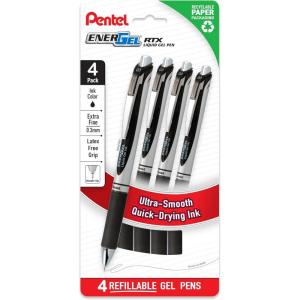 Pentel EnerGel RTX Liquid Gel Pens, Needle Tip, UltraFine (0.3mm), Black Ink, 4-pk (BLN73PF4A)(Black)