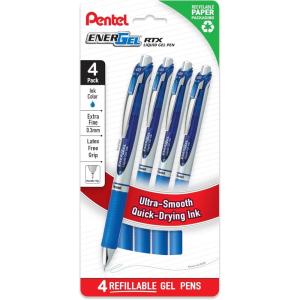 Pentel EnerGel RTX Liquid Gel Pens, Needle Tip, UltraFine (0.3mm), Black Ink, 4-pk (BLN73PF4A)(Blue)