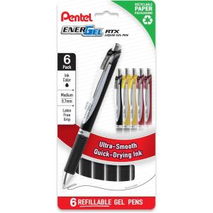 Pentel EnerGel RTX Retractable Gel Pen, 0.7mm, Medium Point, Black Ink, Black Grip 6 count