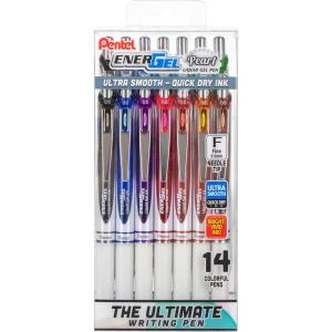 Pentel EnerGel RTX Pearl Liquid Gel Pen, (0.5mm) Needle Tip, Fine Line, Asstd. Ink, 14-Pk Plastic Box