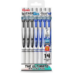 Pentel EnerGel RTX Pearl Liquid Gel Pen, (0.5mm) Needle Tip, Fine Line, Black and Blue Ink, 14-Pk Plastic Box