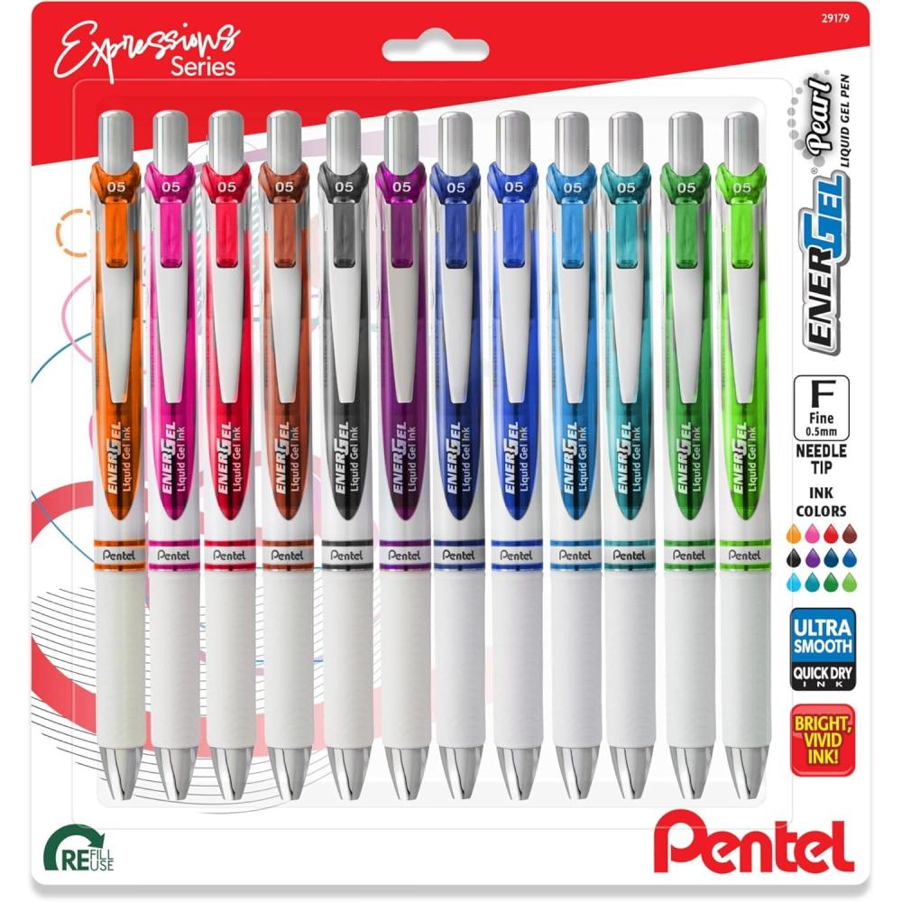 image:imagePentel EnerGel RTX Pearl Liquid Gel Pen 05mm Needle Tip Fine Line Asstd Ink 12Pk