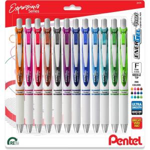 Pentel EnerGel RTX Pearl Liquid Gel Pen, (0.5mm) Needle Tip, Fine Line, Asstd. Ink, 12-Pk