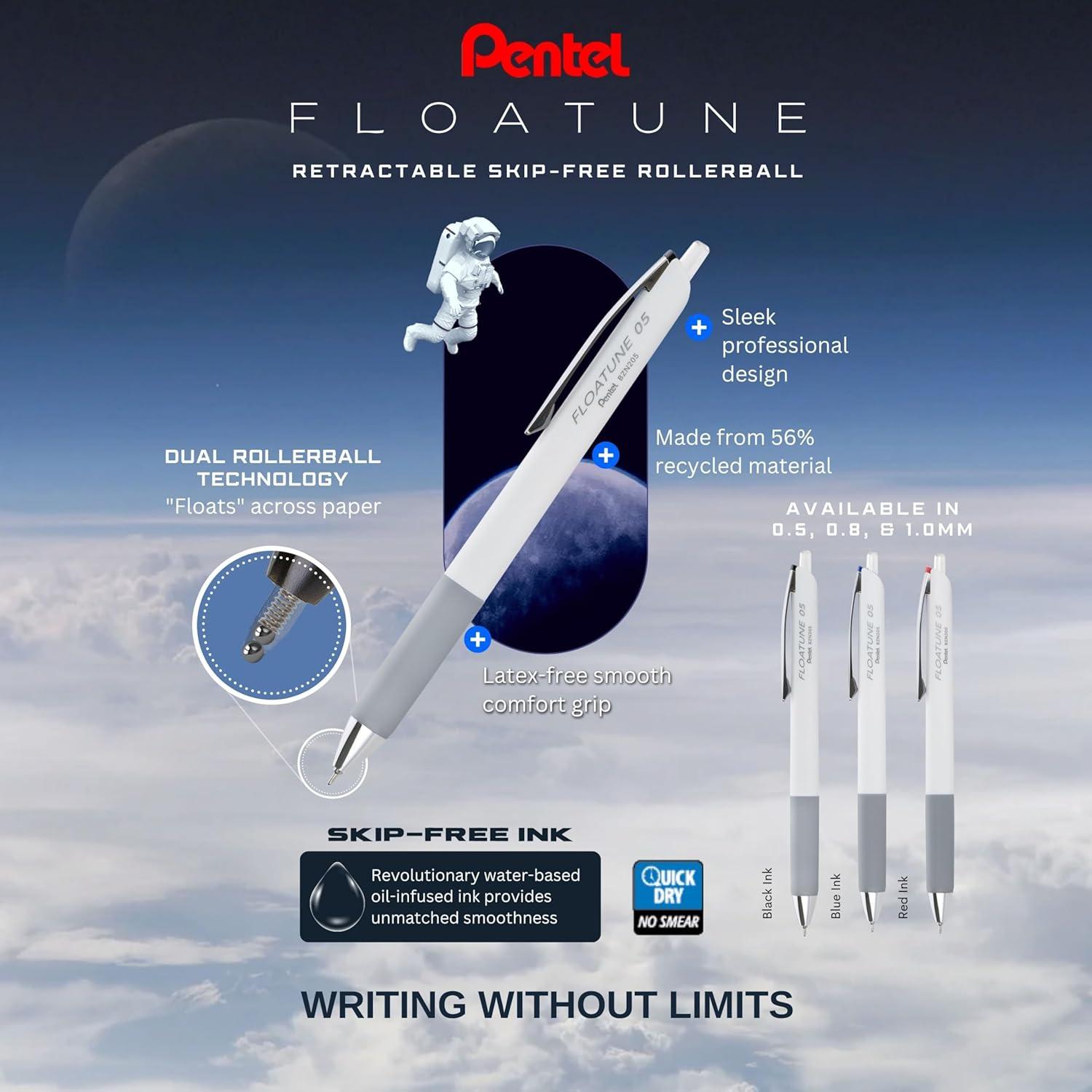 image:imagePentel Floatune Retractable Rollerball 08mm Medium Point Black Ink 5pk BY208PF5ABlue