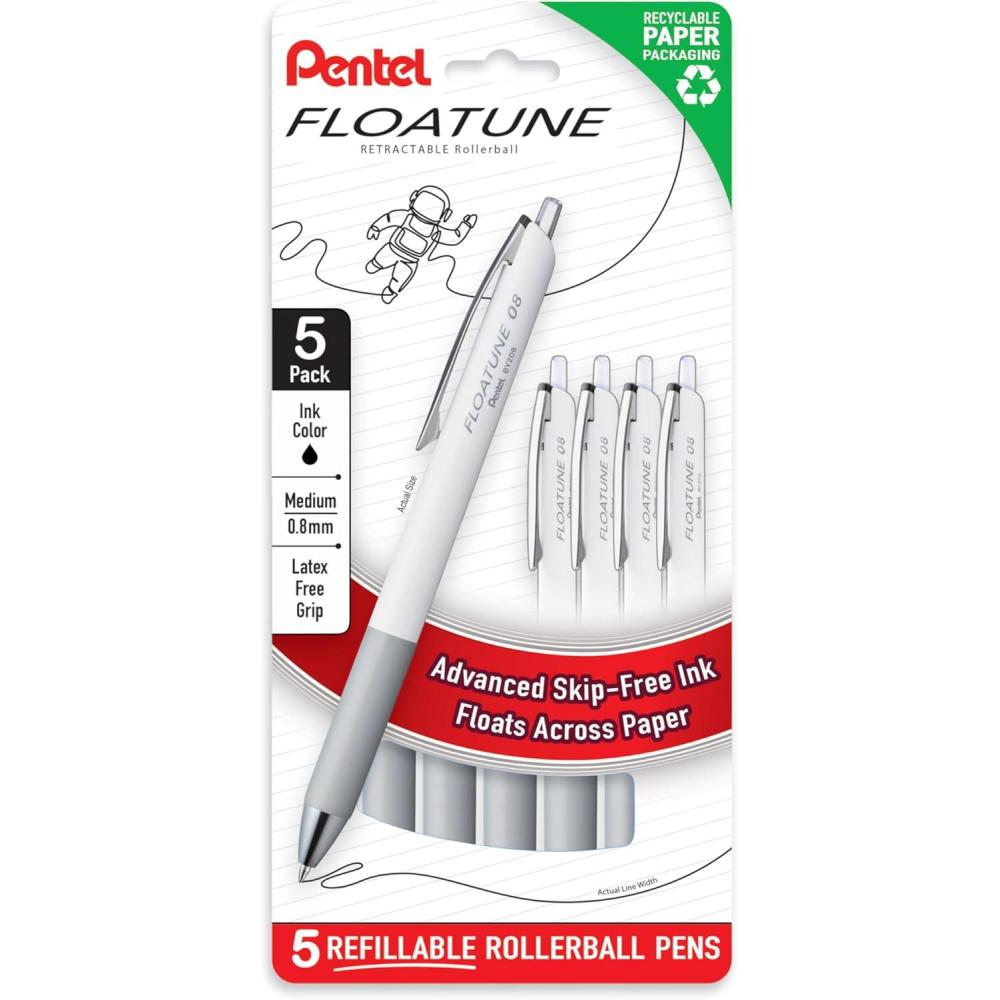 image:imagePentel Floatune Retractable Rollerball 08mm Medium Point Black Ink 5pk BY208PF5ABlack