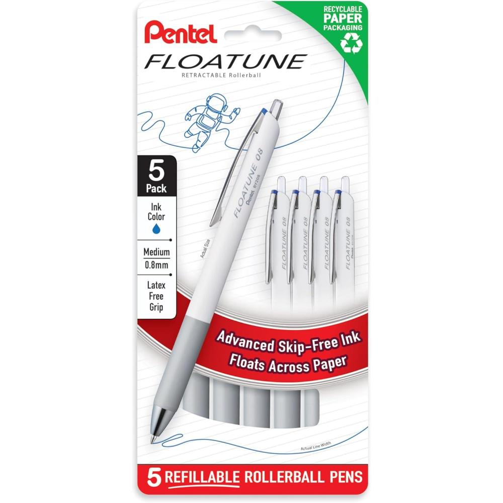 image:imagePentel Floatune Retractable Rollerball 08mm Medium Point Black Ink 5pk BY208PF5ABlue