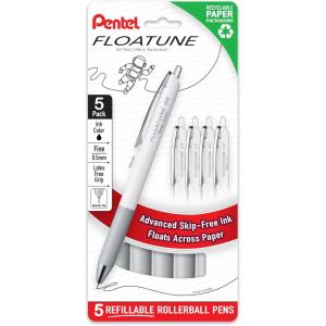 Pentel Floatune Retractable Rollerball, 0.5mm Fine Point, Blue Ink, 5-pk (BZN205PF5C)(Black)