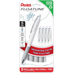 Pentel Floatune Retractable Rollerball, 0.5mm Fine Point, Blue Ink, 5-pk (BZN205PF5C)(Blue)