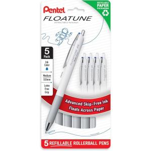 Pentel Floatune Retractable Rollerball, 0.8mm Medium Point, Black Ink, 5-pk (BY208PF5A)(Blue)