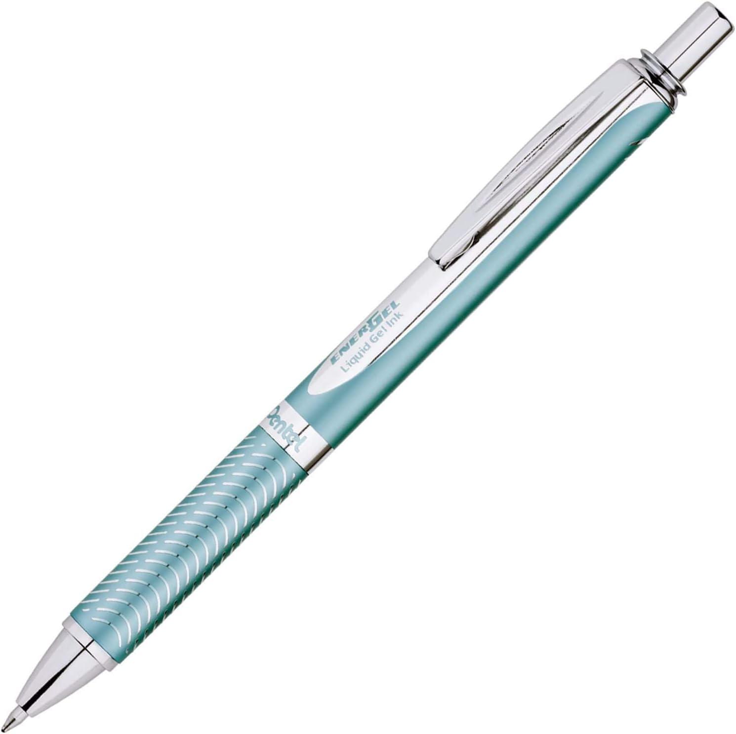 image:imagePentel Energel 07mm Alloy Rt Retractable Gel Ink Pens Pack of 3 Black Silver and Aquamarine Colored Metal Barrels