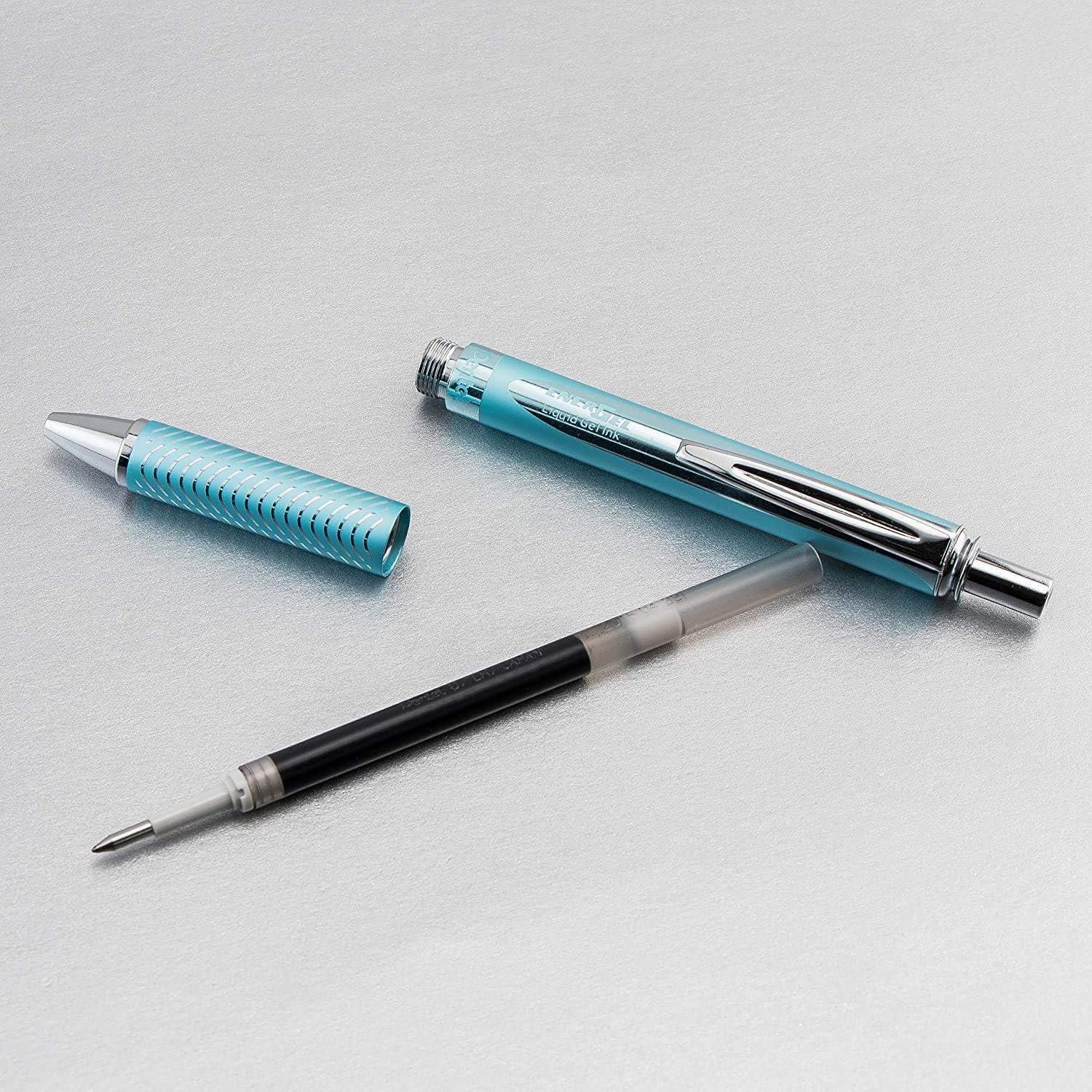 image:imagePentel Energel 07mm Alloy Rt Retractable Gel Ink Pens Pack of 3 Black Silver and Aquamarine Colored Metal Barrels