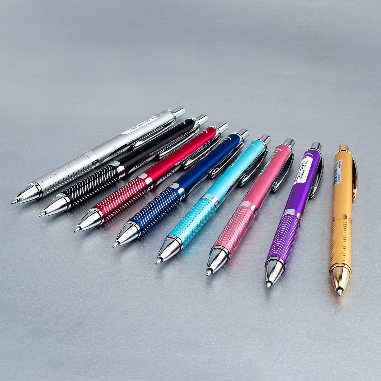 image:imagePentel Energel 07mm Alloy Rt Retractable Gel Ink Pens Pack of 3 Black Silver and Aquamarine Colored Metal Barrels