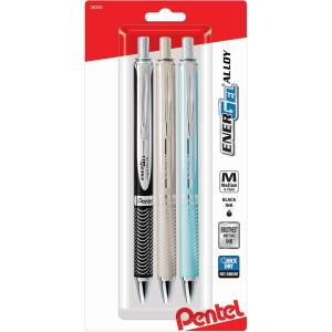 Pentel Energel 0.7mm Alloy Rt Retractable Gel Ink Pens – Pack of 3 – Black, Silver and Aquamarine Colored Metal Barrels