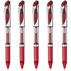 Pentel Energel Ballpoint Pen (BL60-B), Bold Point 1.0mm Needle Tip, Red Ink, Silver Body, Value Set of 5
