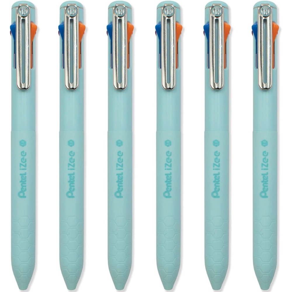image:imagePentel iZee 4 Colour Ballpoint Pen  Sky Blue Barrel  Multi Ink  Orange Pink Sky Blue amp Violet Ink  Pack of 6