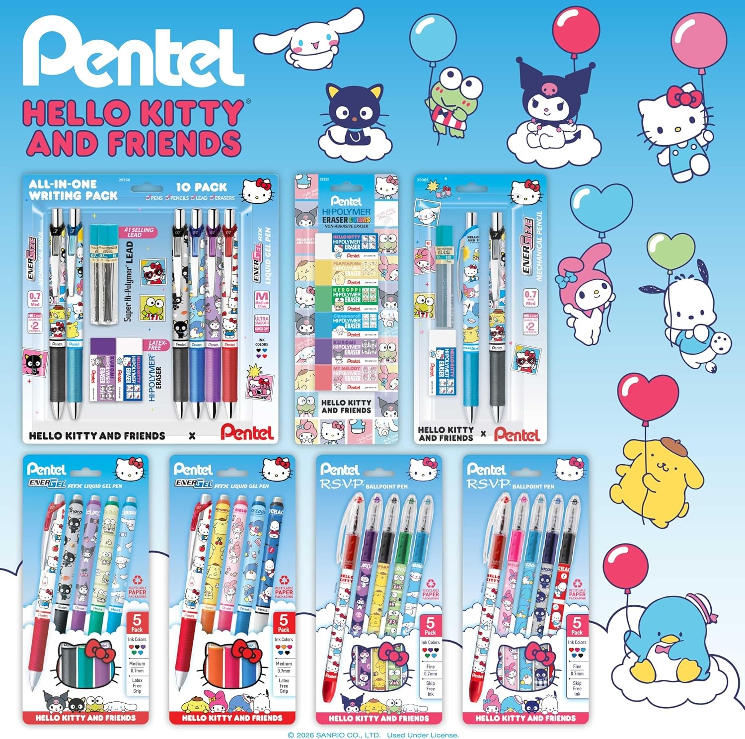 image:imagePentel RSVP Ballpoint Pen Hello Kitty and Friends Limited Edition Mix 1 07mm Fine Line Assorted Ink 5Pk BK90HKPF5M