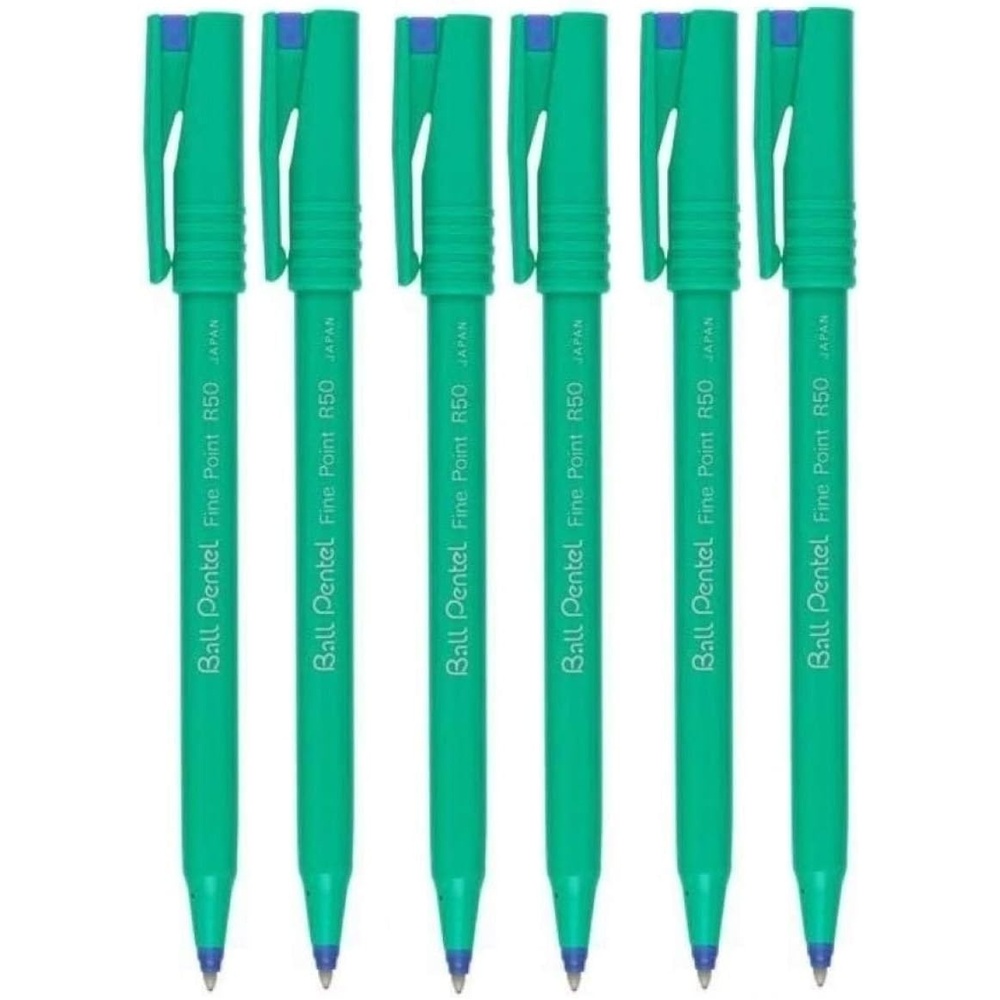 image:imagePentel Blue R50 Rollerball Ball Pen Pens Fine 08mm Cushioned Nib Tip 04mm Line Width 77 Recycled Pack of 6